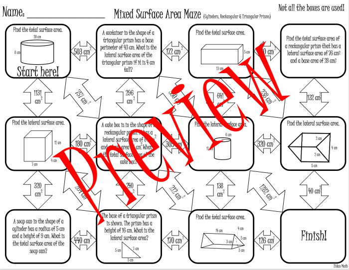 Surface area of prisms and cylinders maze answer key