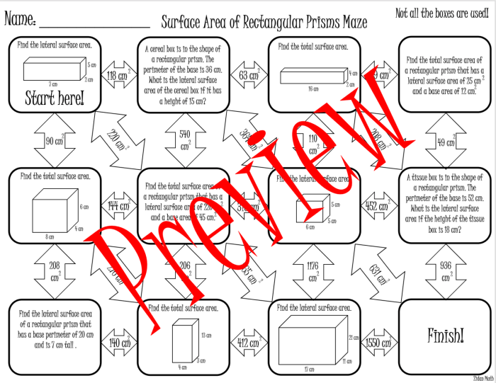 Surface area of prisms and cylinders maze answer key